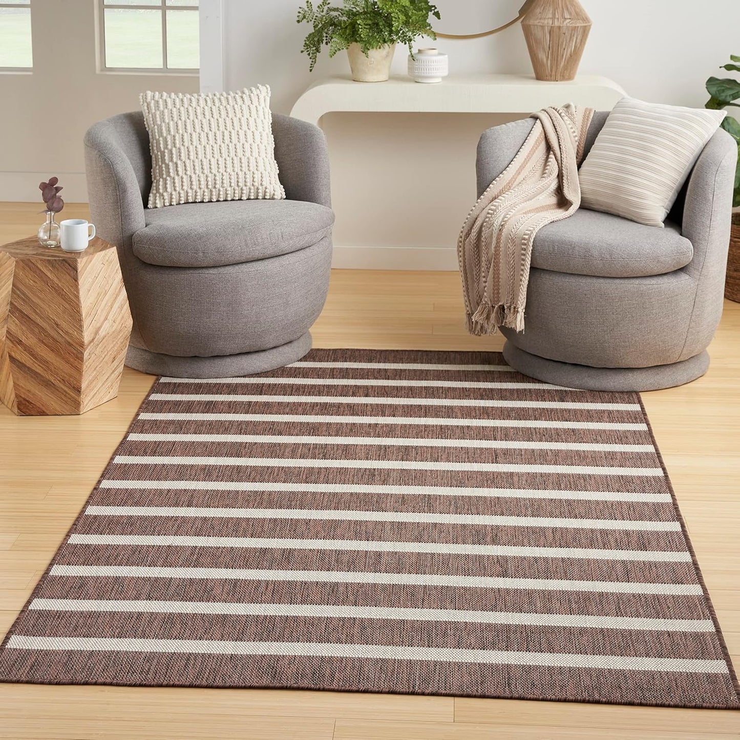 Nourison Home Positano Indoor/Outdoor Natural Ivory 6' x 9' Area Rug, Easy Cleaning, Non Shedding, Bed Room, Living Room, Dining Room, Deck, Backyard, Patio (6x9)