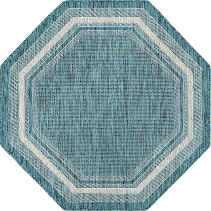 Unique Loom Outdoor Border Collection Area Rug - Soft Border (5' 1" Octagon, Teal/ Ivory)