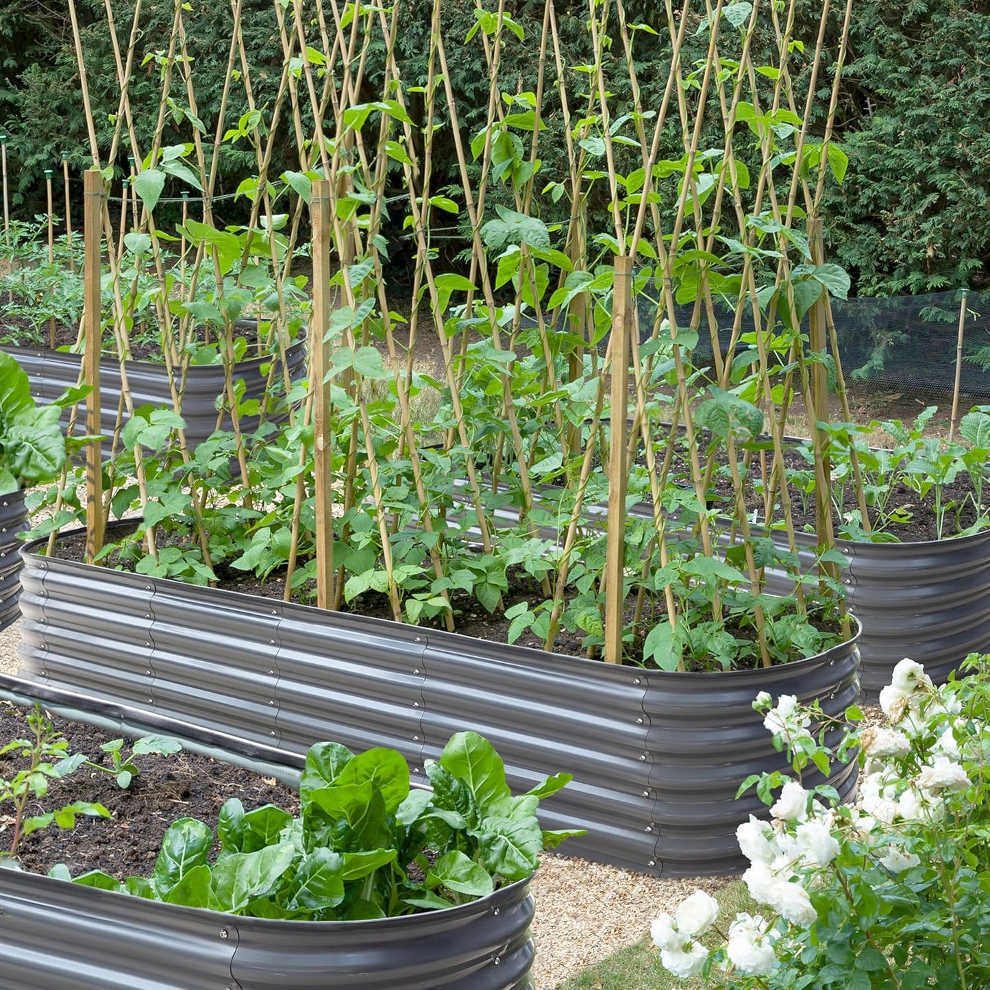 MUPATER 8ftx2ftx1.4ft Raised Garden Bed Outdoor for Vegetables, 9-in-1 Galvanized Metal Planter Box, 17''H Modular Garden Bed Kit Oval for Herbs and Flowers, Grey