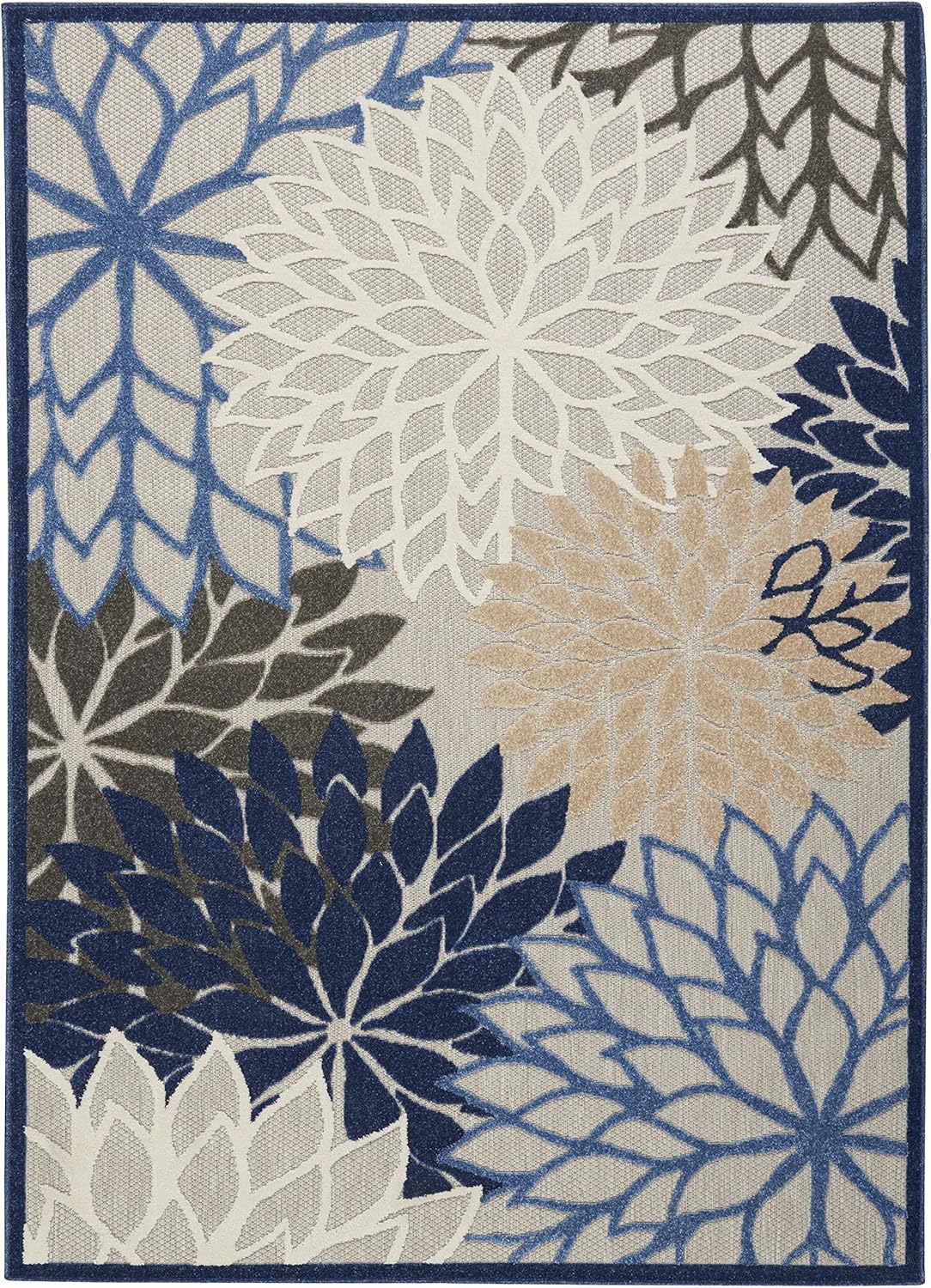Nourison Aloha Indoor/Outdoor Blue/Multicolor 3'6" x 5'6" Area Rug, Tropical, Botanical, Easy Cleaning, Non Shedding, Bed Room, Living Room, Dining Room, Deck, Backyard, Patio (3x5)