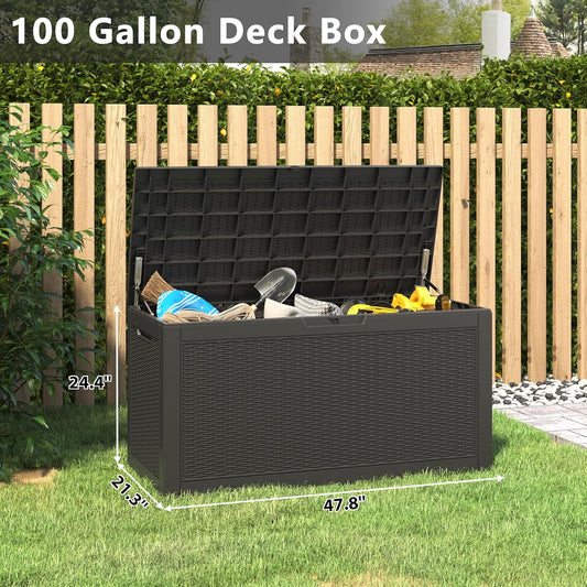 KAMABOKO 101 Gallon Waterproof Large Resin Deck Box, Lockable Large Outdoor Storage Boxes Indoor Outdoor Storage Container for Patio Cushions, Gardening Tools, Pool Supplies, Black