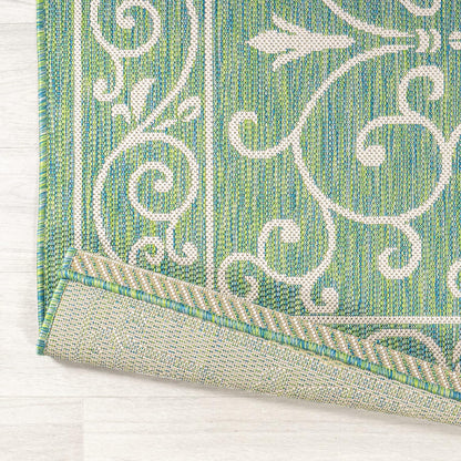 JONATHAN Y SMB106K-210 Charleston Vintage Filigree Textured Weave Indoor Outdoor Runner Rug, Classic, Traditional, Transitional Easy Clean,Bedroom,Kitchen,Backyard,Patio, Non-Shed, Green/Ivory, 2 X 10