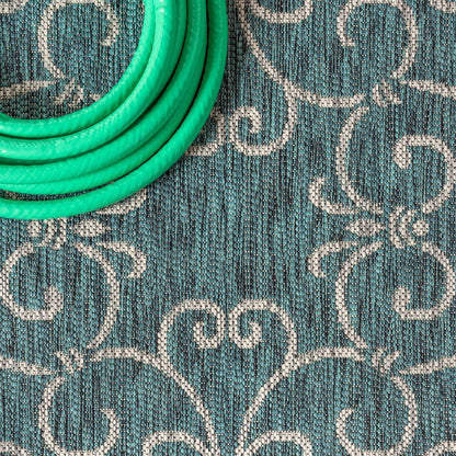 JONATHAN Y SMB106F-5R Charleston Vintage Filigree Textured Weave Indoor Outdoor Area Rug Classic Coastal Easy-Cleaning Bedroom Kitchen Backyard Patio Non Shedding, 5' Round, Teal/Gray