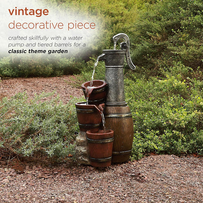 Alpine Corporation ZEN403S Indoor/Outdoor Floor Vintage Farmhouse Barrel Fountain, Rustic Waterfall for Garden, 24", Brown
