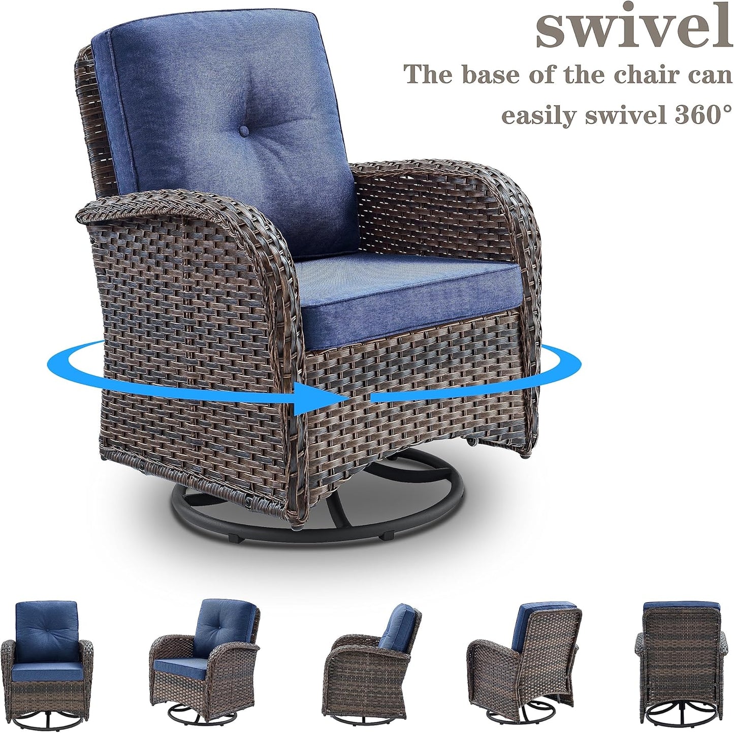 Small Conversation Sets Patio Funiture - 5 Piece Outdoor Swivel Rocker Wicker Furniture Sets with Ottomans Side Table Perfect for Patio Deck Backyard, Brown Wicker Blue Cushion