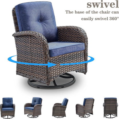 Small Conversation Sets Patio Funiture - 5 Piece Outdoor Swivel Rocker Wicker Furniture Sets with Ottomans Side Table Perfect for Patio Deck Backyard, Brown Wicker Blue Cushion