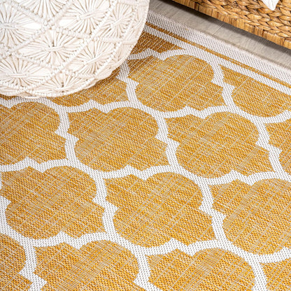 Eyely BMS109F-5R Santa Monica Trebol Moroccan Trellis Textured Weave Indoor/Outdoor Area Rug Coastal;Bohemian, Bedroom, Backyard, Patio, Easy-Cleaning, Non-Shedding, 5' Round, Yellow/Cream
