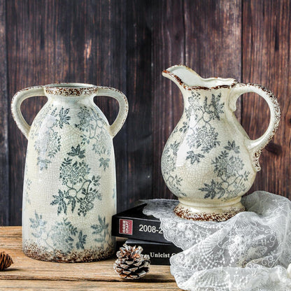 Enra Tall Vintage Blue and White Ceramic Vase with Handle, 11.2 Inch Chinoiserie Decorative Floral Vase, Large Rustic Ceramic Vase for Living Room, Office, Bookshelf, Home Decor