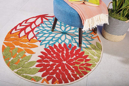 Nourison Aloha Indoor/Outdoor Green 4' x Round Area-Rug, Tropical, Botanical, Easy-Cleaning, Non Shedding, Bed Room, Living Room, Dining Room, Deck, Backyard, Patio (4 Round)