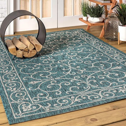 JONATHAN Y SMB106F-8 Charleston Vintage Filigree Textured Weave Indoor/Outdoor Teal/Gray 8 ft. x 10 ft. Area Rug, Classic,Easy Cleaning,HighTraffic,LivingRoom,Backyard, Non Shedding