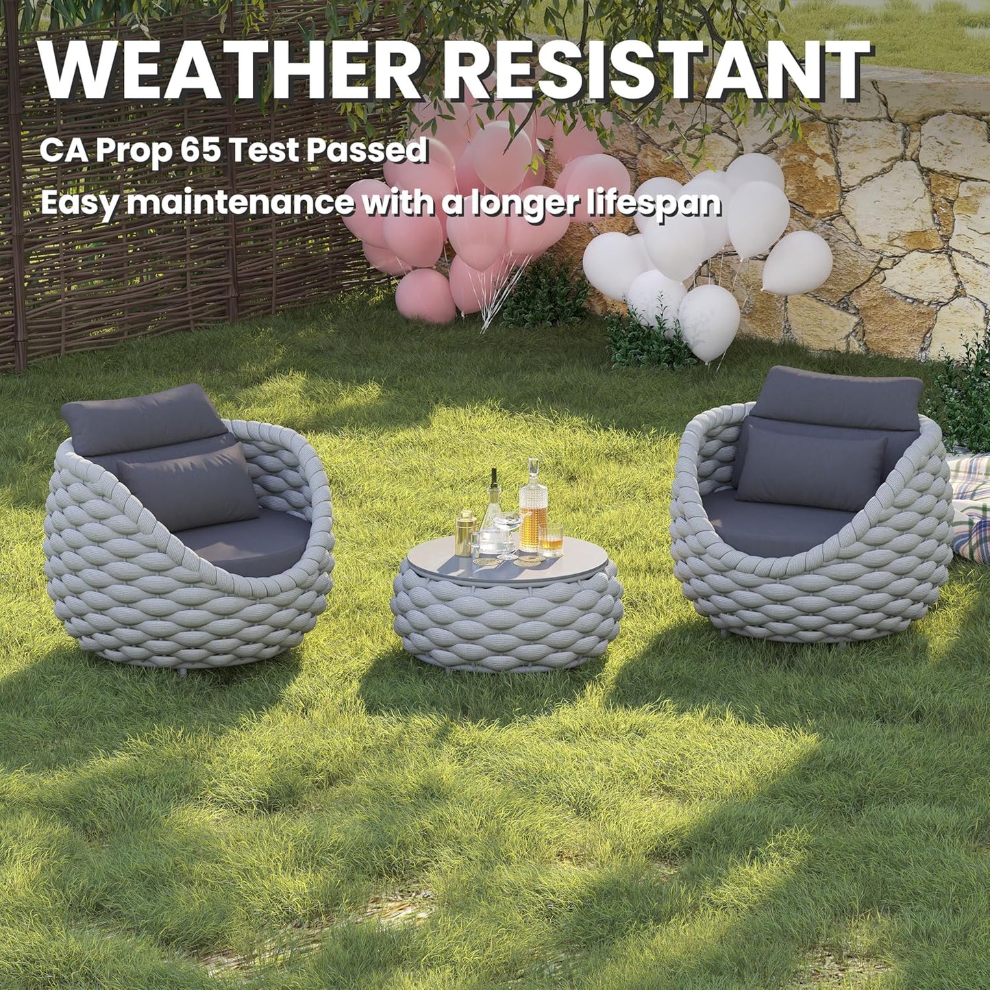 Front Porch Furniture Set 3 Piece: Aluminum Woven Rope Patio Conversation Sofa Set for 2 - Assembled Outdoor Deck Couch Armchair Set Cushions - for 400lb Balcony Pool Yard Bistro Hotel - Gray