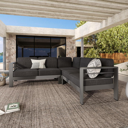 Outdoor Aluminum Furniture Set, 4-Person Patio Sectional Conversation Sofa Set, L-Shaped Outdoor Sectional Sofa with Cushions for Patios, Poolsides, Gardens (Black,Dark Gray)
