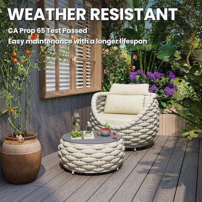 Woven Rope Patio Chair and Table Set: 2 Pieces Aluminum Front Porch Furniture Set - Assembled Outdoor Deck Lounge Armchair Set Cushioned - for 400 lbs Balcony Pool Yard Garden Hotel Lanai, Beige