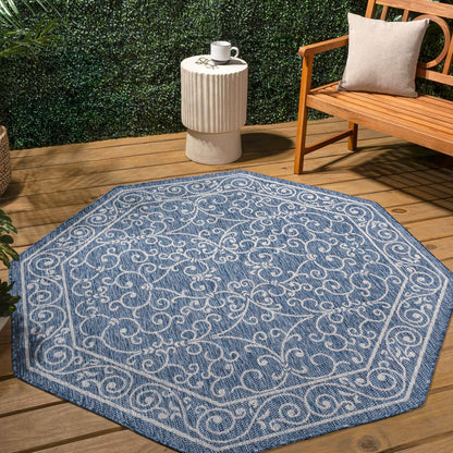 JONATHAN Y SMB106D-5TGN Charleston Vintage Filigree Textured Weave Navy/Gray 5' Octagon Indoor/Outdoor Area Rug, Non-Shedding, Stain Resistant,Fade Resistant, Easy-Cleaning for Backyard Patio, Porch