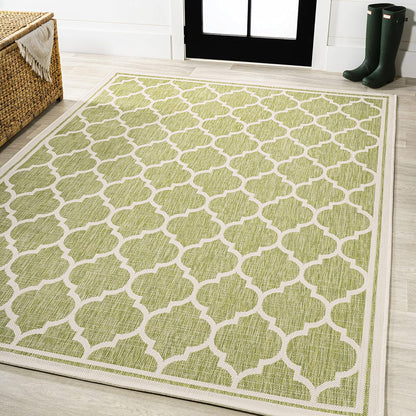 Eyely BMS109G-5 Santa Monica Trebol Moroccan Trellis Textured Weave Indoor/Outdoor Area Rug Coastal;Bohemian, Bedroom, Backyard, Patio, Easy-Cleaning, Non-Shedding, 5 X 8, Green/Cream