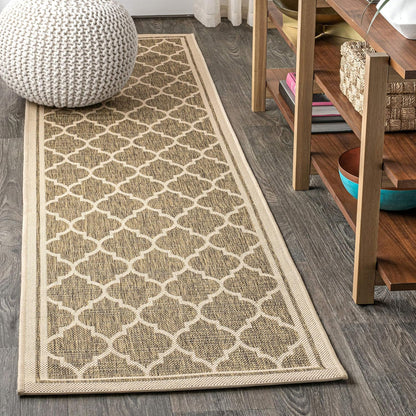 Eyely BMS109A-220 Santa Monica Trebol Moroccan Trellis Textured Weave, Pet Friendly, Non-Shedding, Stain Resistant, Easy-Cleaning, Brown/Beige, 2 ft. x 20 ft., Indoor/Outdoor, Runner Rug