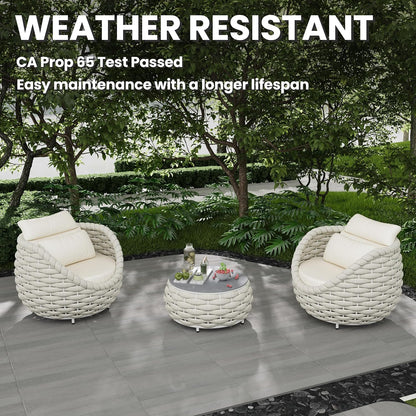 Front Porch Furniture Set 3 Piece: Aluminum Woven Rope Patio Conversation Sofa Set for 2 - Assembled Outdoor Deck Couch Armchair Set Cushions - for 400lb Balcony Pool Yard Bistro Hotel Lanai - Beige