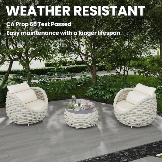 Front Porch Furniture Set 3 Piece: Aluminum Woven Rope Patio Conversation Sofa Set for 2 - Assembled Outdoor Deck Couch Armchair Set Cushions - for 400lb Balcony Pool Yard Bistro Hotel Lanai - Beige