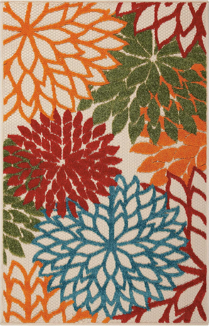 Nourison Aloha Indoor/Outdoor Green 2'8" x 4' Area Rug, Tropical, Botanical, Easy Clean, Non Shedding, Bed Room, Living Room, Dining Room, Deck, Backyard, Patio (3x4)