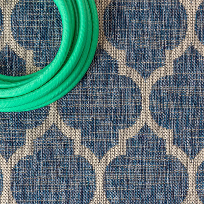 Eyely BMS109D-4R Santa Monica Trebol Moroccan Trellis Textured Weave, Pet Friendly, Non-Shedding, Stain Resistant, Easy-Cleaning, Navy/Gray, 4' Round, Indoor/Outdoor, Area Rug