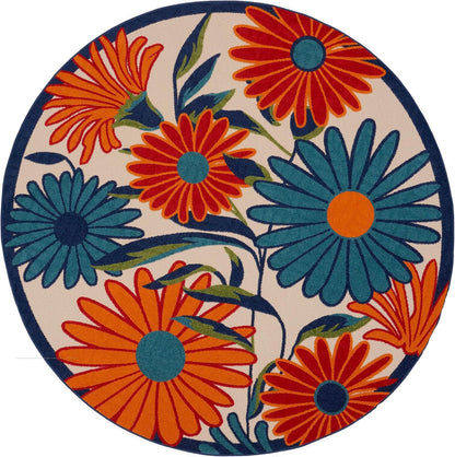 Nourison Home Aloha Outdoor Multicolor 5'3" x Round Area Rug, Easy Cleaning, Non Shedding, Bed Room, Living Room, Dining Room, Deck, Backyard, Patio (5 Round)