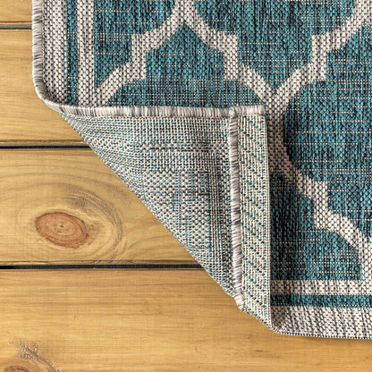 Eyely BMS109E-4R Santa Monica Trebol Moroccan Trellis Textured Weave, Pet Friendly, Non-Shedding, Stain Resistant, Easy-Cleaning, Teal/Gray, 4' Round, Indoor/Outdoor, Area Rug