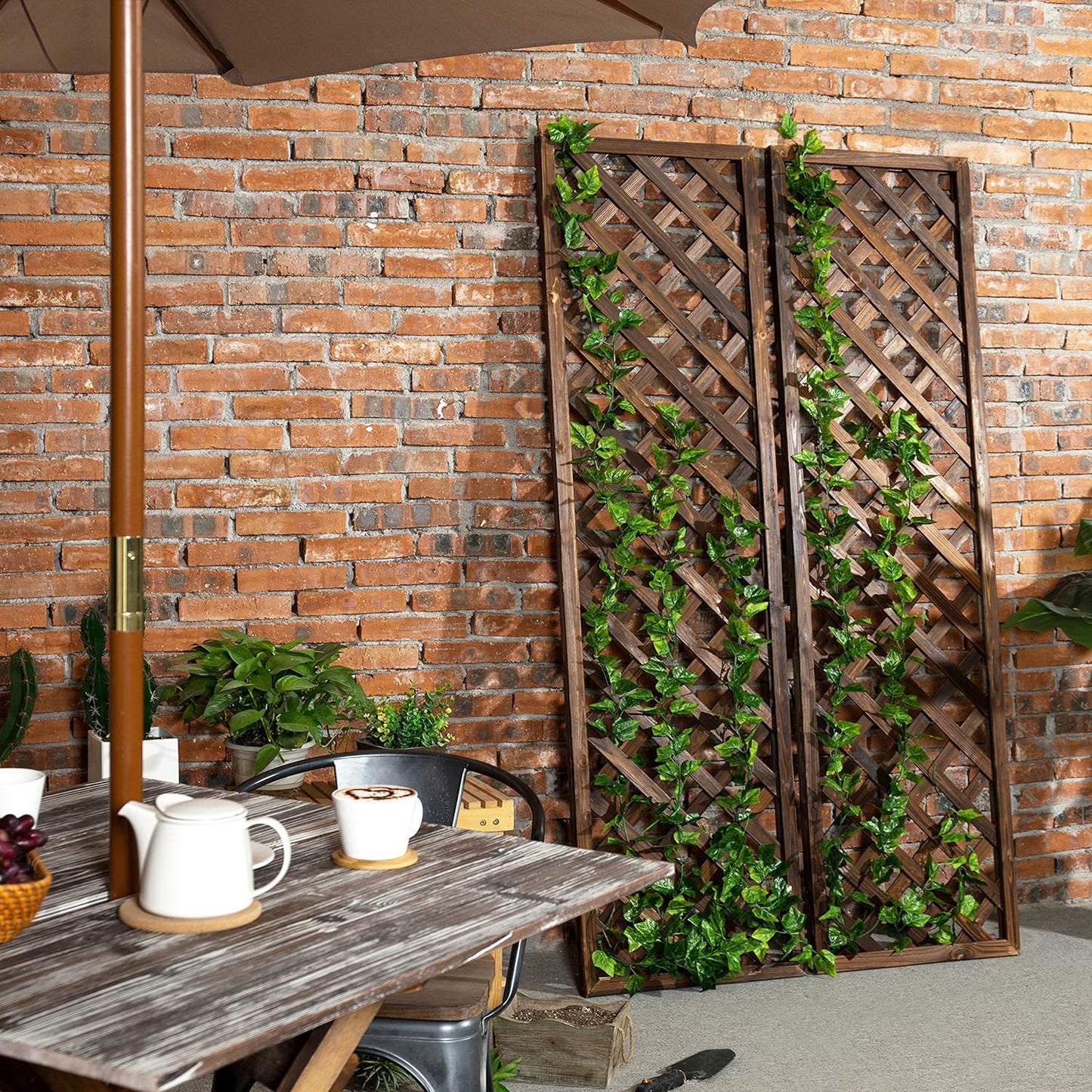 MyGift Wood Trellis, Wall Hanging Large Garden Trellis for Climbing Plants Outdoor, Brown Lattice Panels for Outside, Set of 2