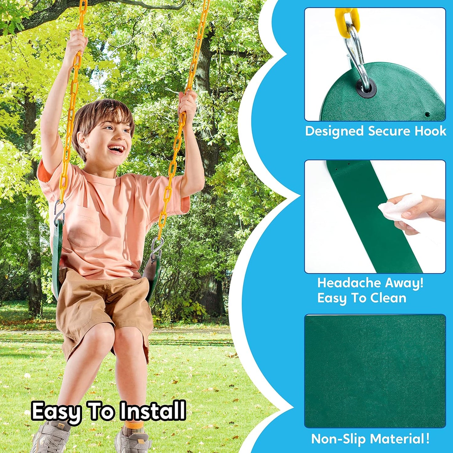 TURFEE 2 Pack Green Swing Seats Heavy Duty with 66" Chain, Swing Set Accessories Replacement with Snap Hooks for Kids Outdoor Play Playground, Trees, Playground(Green)