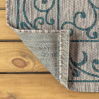 JONATHAN Y SMB106E-5R Charleston Vintage Filigree Textured Weave Gray/Teal 5' Round Indoor/Outdoor Area Rug, Pet Friendly, Non-Shedding, Stain Resistant, Easy-Cleaning for Backyard, Patio, Porch
