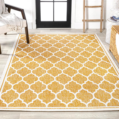 Eyely BMS109F-3 Santa Monica Trebol Moroccan Trellis Textured Weave Indoor/Outdoor Area Rug Coastal;Bohemian, Bedroom, Backyard, Patio, Easy-Cleaning, Non-Shedding, 3 X 5, Yellow/Cream