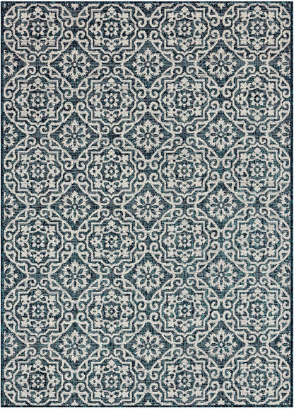 Nicole Miller New York Patio Country Julia Transitional Geometric Indoor/Outdoor Area Rug, Navy Blue/Ivory, 6'6"x9'2"