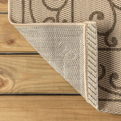 JONATHAN Y SMB106A-5R Charleston Vintage Filigree Textured Weave Indoor Outdoor Area Rug Classic Coastal Easy-Cleaning Bedroom Kitchen Backyard Patio Non Shedding, 5' Round, Beige/Brown
