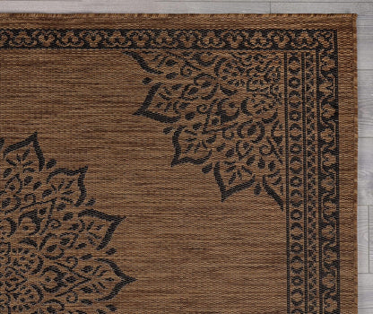 CAMILSON Outdoor Rug 8x10 Medallion Nut Brown Black Modern Area Rugs for Indoor and Outdoor Patios, Kitchen and Hallway Rug, Washable Porch Deck Outside Carpet (8 x 10)