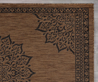 CAMILSON Outdoor Rug, 9x12 Medallion Nut Brown Black Modern Area Rugs for Large Indoor and Outdoor Patios, Kitchen and Hallway Mats, Washable Porch Deck Outside Carpet (Nut Brown Black, 9 x 12)