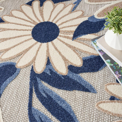 Nourison Home Aloha Outdoor Blue Grey 5'3" x Round Area Rug, Easy Cleaning, Non Shedding, Bed Room, Living Room, Dining Room, Deck, Backyard, Patio (5 Round)