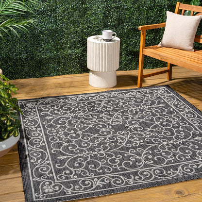 JONATHAN Y SMB106G-3SQ Charleston Vintage Filigree Textured Weave Black/Gray 3' Square Indoor/Outdoor Area Rug, Pet Friendly, Non-Shedding, Stain Resistant, Easy-Cleaning for Backyard, Patio, Porch