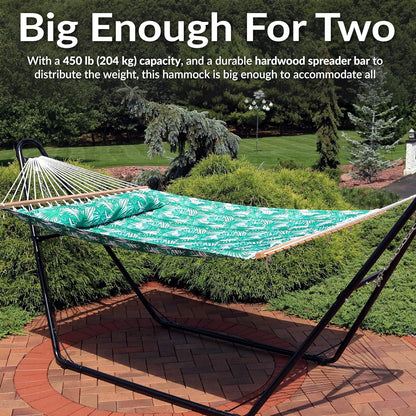 Sunnydaze Quilted Outdoor Hammock with Spreader Bars - Heavy-Duty 450-Pound Capacity Double Hammock for Outside - Green Palm Leaves