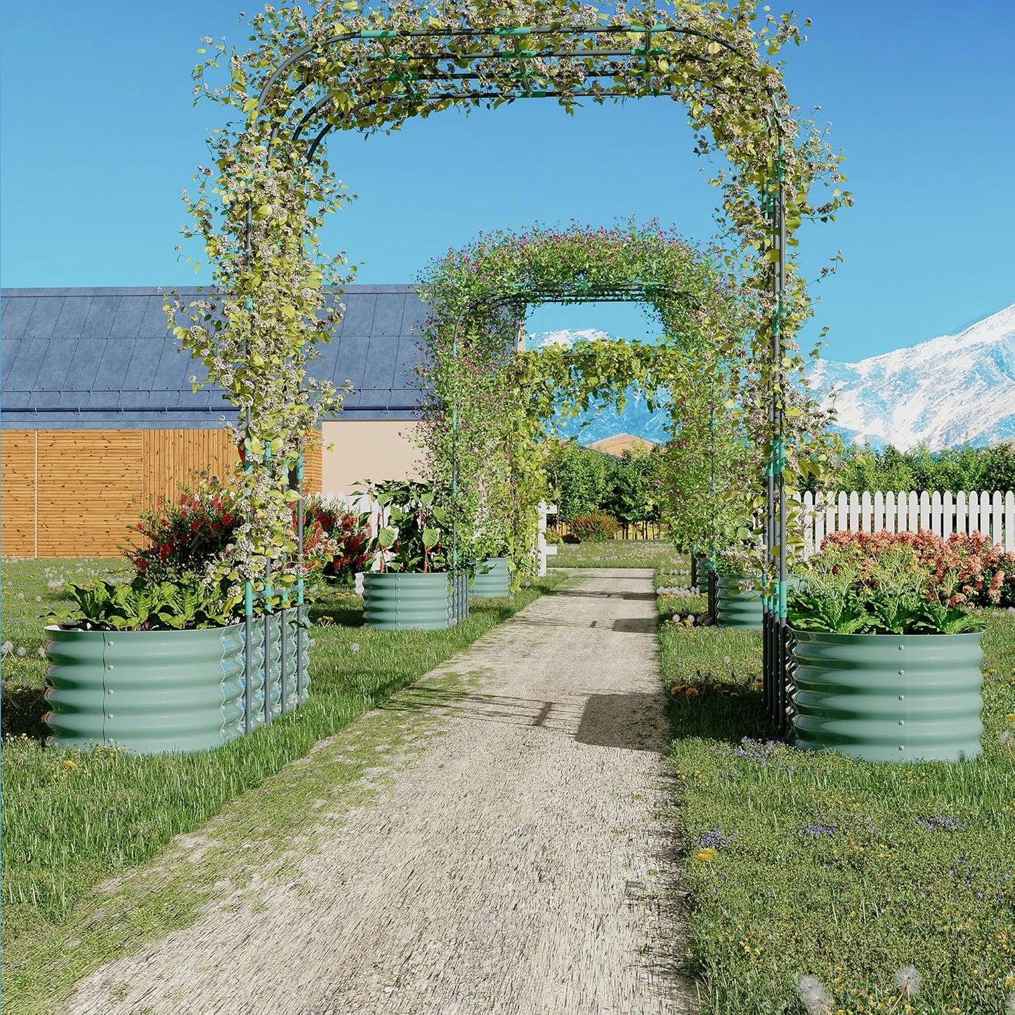 Galvanized Raised Garden Bed with 96" Tall Vertical Arch Trellis – Expandable Rust-Resistant Planter Box for Outdoor Plants, Flowers, Herbs & Vines – Includes Plant Clips, Drainage Netting,Green