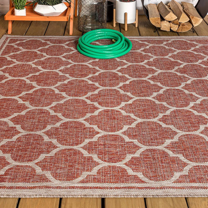Eyely BMS109C-8 Santa Monica Trebol Moroccan Trellis Textured Weave Indoor/Outdoor Area Rug Coastal;Bohemian, Bedroom, Backyard, Patio, Easy-Cleaning, Non-Shedding, 8 X 10, Red/Beige