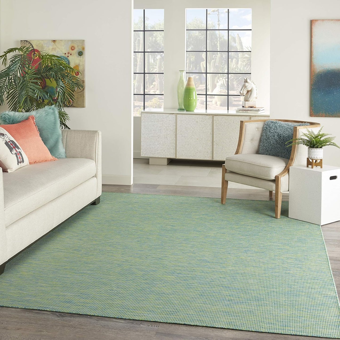 Nourison Positano Indoor/Outdoor Blue/Green 8' x Round Area Rug, Easy Cleaning, Non Shedding, Bed Room, Living Room, Dining Room, Backyard, Deck, Patio (8 Round)