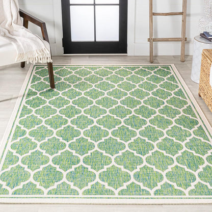 Eyely BMS109I-8 Santa Monica Trebol Moroccan Trellis Textured Weave Indoor/Outdoor Area Rug Coastal;Bohemian, Bedroom, Backyard, Patio, Easy-Cleaning, Non-Shedding, 8 X 10, Cream/Green