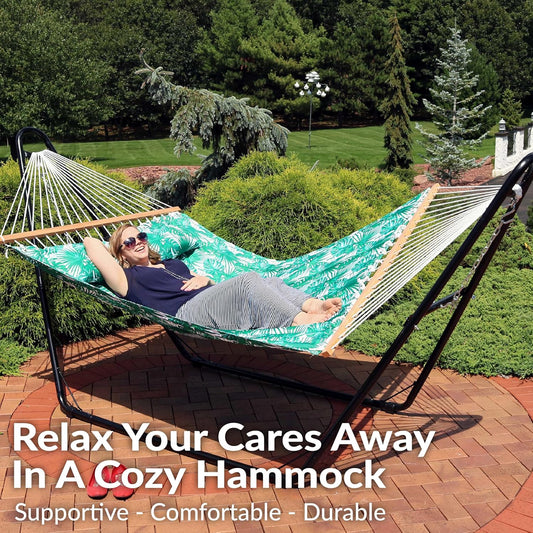 Sunnydaze Quilted Outdoor Hammock with Spreader Bars - Heavy-Duty 450-Pound Capacity Double Hammock for Outside - Green Palm Leaves