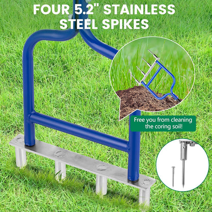 Spike Tine Fork Lawn Aerator - Four 5.2'' Stainless Steel Spikes Manual Gardening Hand Tool - Grass Dethatcher Aerator Lawn Tool with Solid Tines for Compacted Soil - Lawn Plugger Aerator