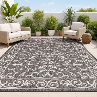 JONATHAN Y SMB106G-3 Charleston Vintage Filigree Textured Weave Indoor Outdoor Rug LivingRoom Backyard,3 X 5,Black/Gray