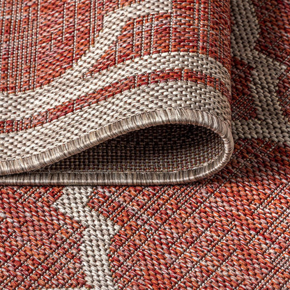 Eyely BMS109C-4R Santa Monica Trebol Moroccan Trellis Textured Weave, Pet Friendly, Non-Shedding, Stain Resistant, Easy-Cleaning, Red/Beige, 4' Round, Indoor/Outdoor, Area Rug