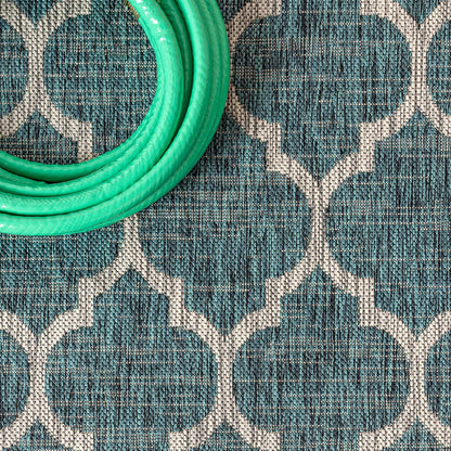 Eyely BMS109E-4R Santa Monica Trebol Moroccan Trellis Textured Weave, Pet Friendly, Non-Shedding, Stain Resistant, Easy-Cleaning, Teal/Gray, 4' Round, Indoor/Outdoor, Area Rug